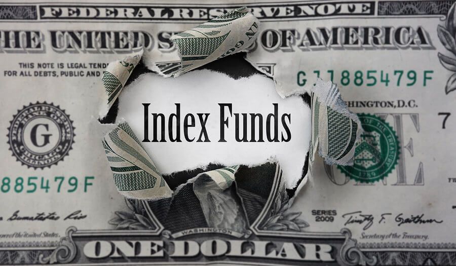 Illustration of a US dollar bill torn open revealing the words “Index Funds,” representing the growth and popularity of index funds in the US among investors.