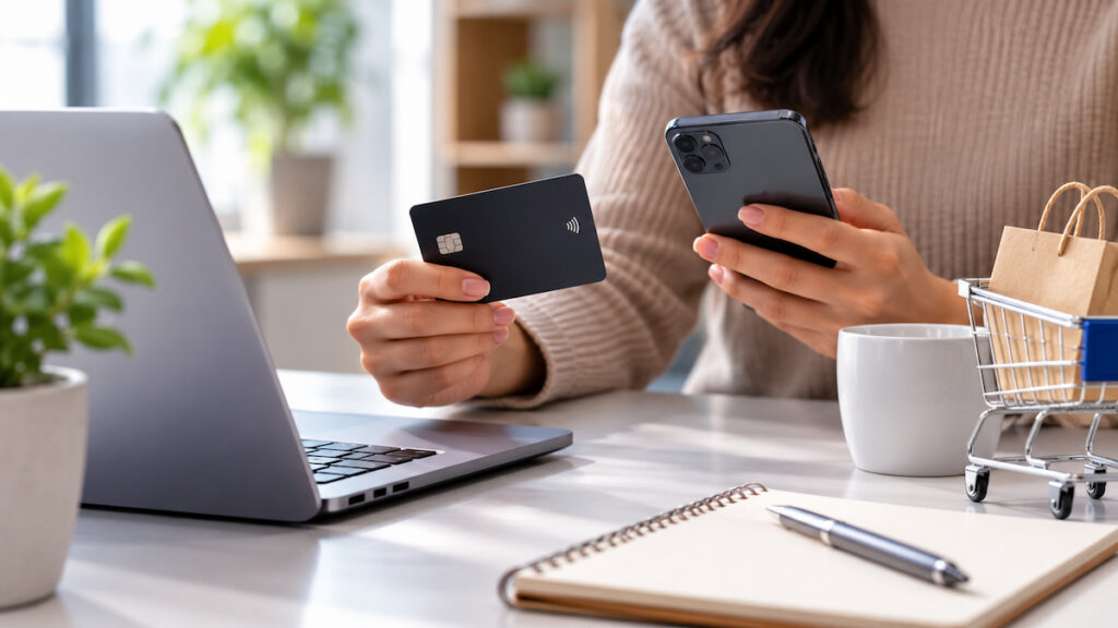 A person sits at a clean, modern desk holding a credit card in one hand and a smartphone in the other, with a laptop, notebook, coffee mug, and a small shopping cart containing paper bags nearby. The bright, minimalist workspace and soft natural lighting suggest secure digital payments, online shopping, and thoughtful financial management in a connected economy.