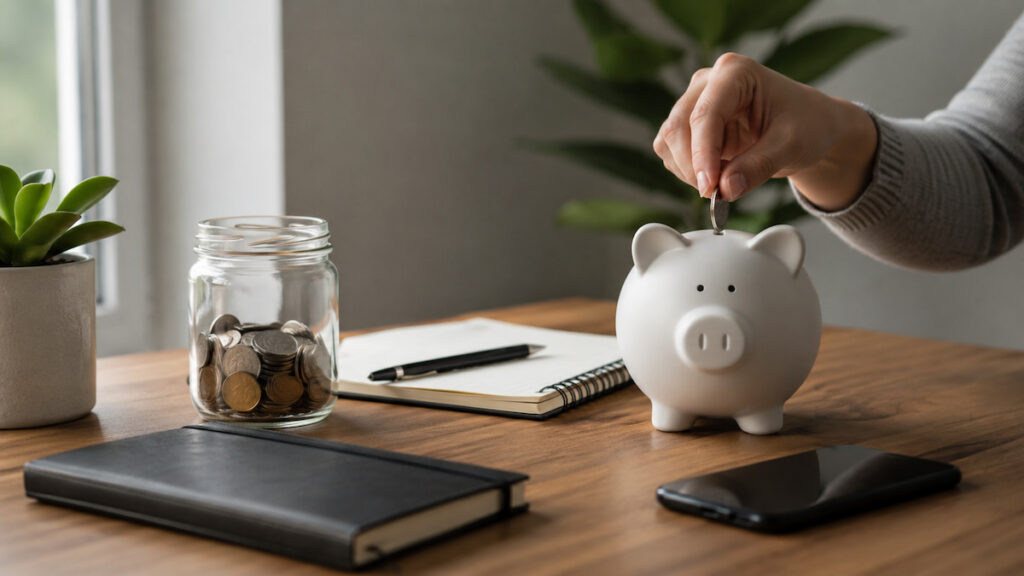 A minimalist home workspace with a white piggy bank receiving a coin from a person's hand, surrounded by a glass jar of coins, a notebook, a pen, a closed journal, a smartphone, and a small potted plant on a wooden desk. Soft natural light enters from a nearby window, creating a calm atmosphere that represents thoughtful financial planning, saving habits, and resilience in changing times.