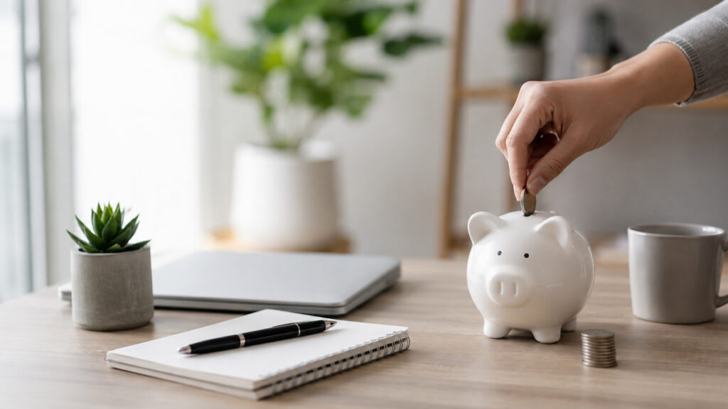A minimalist home workspace with a white ceramic piggy bank as a hand places a coin into it. A closed laptop, notebook with a pen, small potted succulent, coffee mug, and a neat stack of coins rest on a light wooden desk. Soft natural light and a blurred background create a calm atmosphere, representing everyday saving habits and long-term financial confidence.