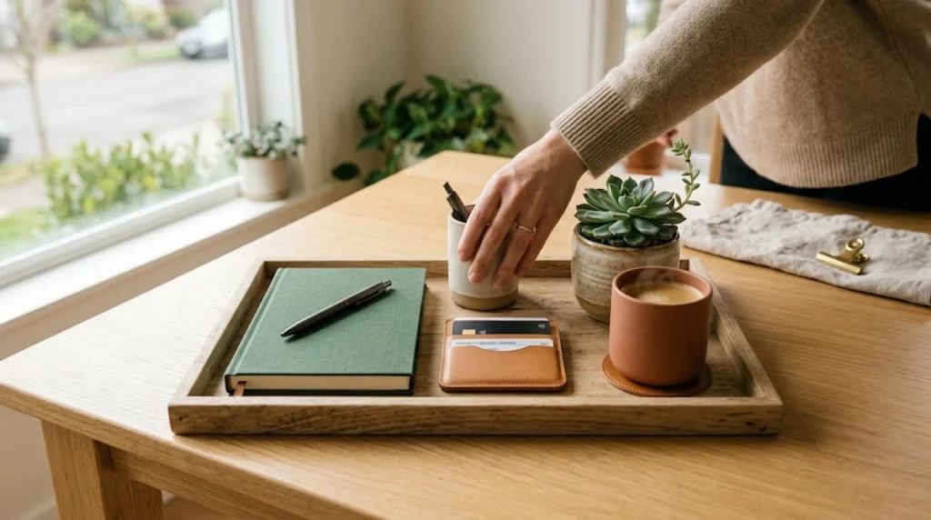 A realistic, minimalist photograph of a clean wooden desk bathed in bright, soft natural light. On the desk sits a neat wooden tray holding a closed dark-green hardcover journal with a wooden pen on top, a sleek brown leather cardholder, a small ceramic coffee cup, and a tiny potted green plant. In the background, a person's hands are gently adjusting the layout, representing thoughtful, organized daily planning and financial confidence. The scene is clutter-free with balanced contrast and contains no text, numbers, or graphs.