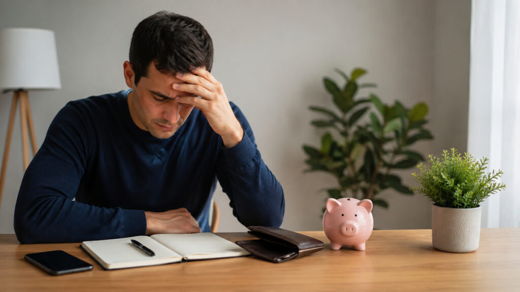 Homem sentado à mesa com expressão preocupada, apoiando a mão na testa diante de um caderno, carteira, celular e um cofre em formato de porquinho. O ambiente é iluminado por luz natural, com decoração minimalista e plantas ao fundo, transmitindo a ideia de preocupação com finanças e planejamento financeiro.