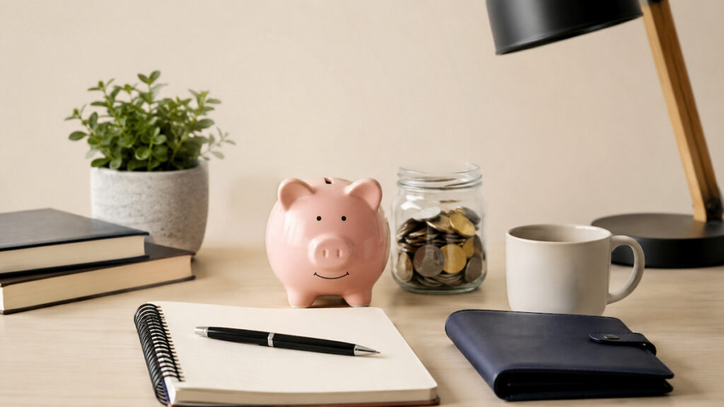 Mesa de trabalho organizada com um cofre em formato de porquinho ao centro, um caderno aberto com caneta, livros empilhados, um pote de vidro com moedas, uma carteira, uma caneca e uma planta em vaso. O ambiente é iluminado por luz suave, com decoração minimalista e cores neutras, transmitindo a ideia de planejamento, organização e construção de hábitos financeiros de forma tranquila e contínua.