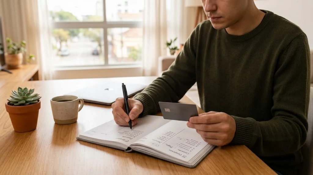Uma foto de estilo de vida realista e em ângulo médio de um homem de suéter verde sentado à mesa, examinando um caderno aberto e segurando um cartão de crédito. Sua caneta está em cima do papel. No fundo, há um laptop, plantas e uma janela de apartamento.