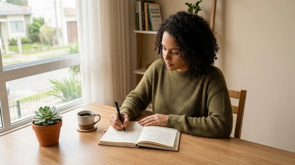Uma fotografia realista e minimalista de uma mulher sentada à mesa de madeira, escrevendo em um caderno aberto com uma caneta. Ela tem cabelos curtos e cacheados e usa um suéter verde-oliva. À sua direita estão um copo de café e uma planta suculenta em vaso. O fundo é composto por uma janela e uma prateleira com livros.