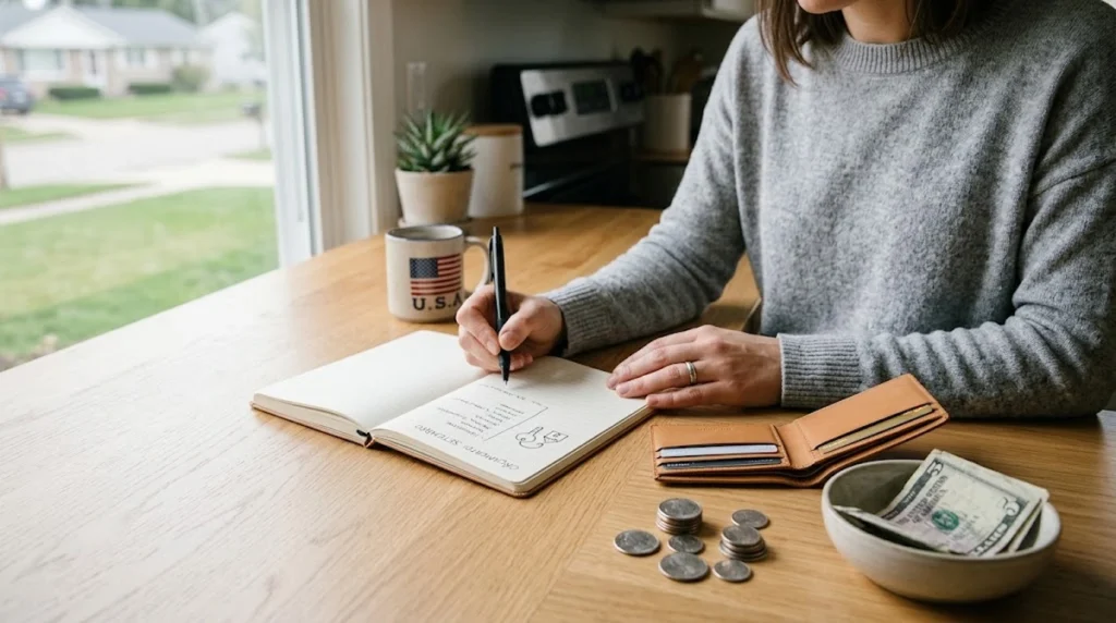 A person in a gray sweater sits at a wooden desk near a window, writing in an open notebook with a black pen.
