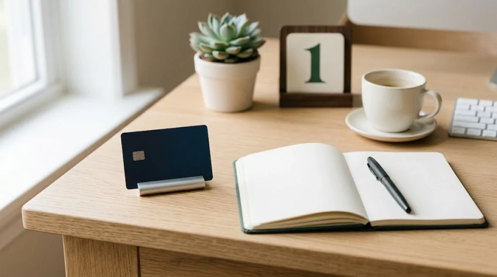 Cartão preto em um suporte, caderno aberto, caneta, xícara de café e uma suculenta sobre uma mesa de madeira.