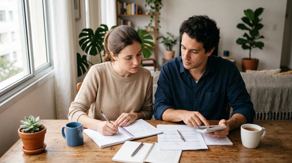 Casal em uma mesa de madeira revisando documentos financeiros e fazendo cálculos juntos.