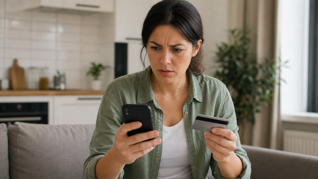 Worried woman looking at a smartphone while holding a credit card at home.
