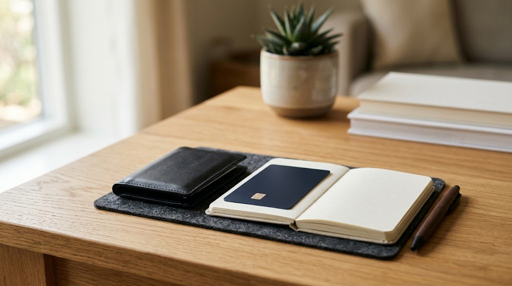 Fotografias em estilo realista e minimalista sobre uma mesa de madeira clara e organizada. Em destaque, há um caderno de anotações aberto ao meio com páginas em branco, e sobre a página esquerda repousa um cartão de crédito azul-marinho sem textos ou números, apenas com o chip dourado visível. Ao lado esquerdo do caderno, há uma carteira de couro preta fechada e, ao lado direito, uma caneta de madeira. Ao fundo, fora de foco, vê-se uma pequena planta em vaso cerâmico e livros empilhados, sob uma iluminação natural e suave.