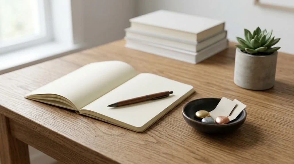 Uma fotografia em ângulo superior de uma mesa de madeira clara e arrumada. Em primeiro plano, um caderno aberto com páginas em branco e uma caneta de madeira repousam sobre a superfície. À direita, uma pequena tigela preta contém pedras polidas e papéis dobrados. Ao fundo, uma pilha de livros brancos e uma pequena planta suculenta em um vaso de cimento completam a cena. A luz natural entra por uma janela à esquerda, criando uma atmosfera calma e organizada.