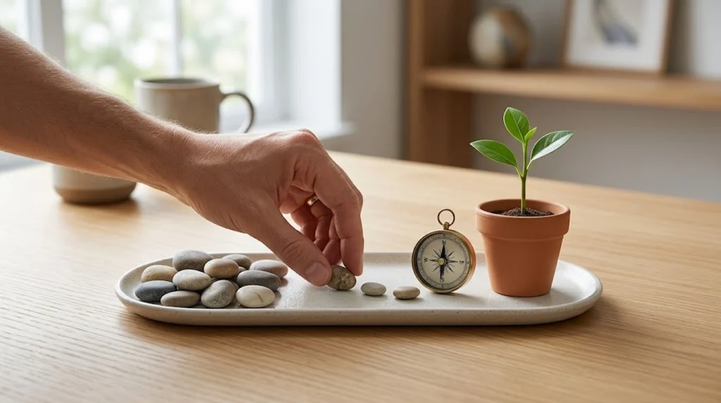 A close-up of a person's hand carefully arranging smooth, rounded river pebbles in a line across a long, off-white ceramic oval tray on a light wooden table.