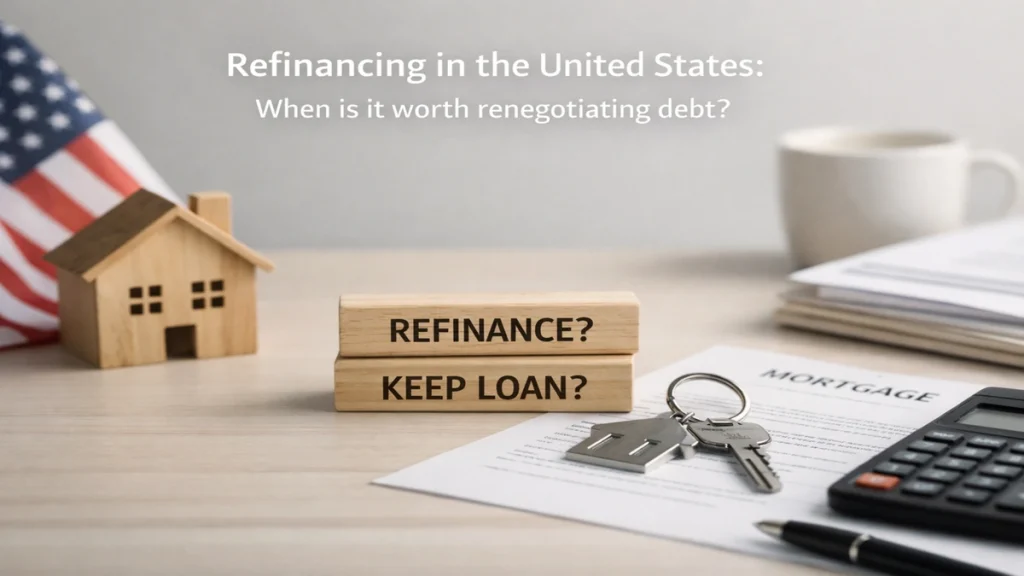 Refinancing decision concept in the United States with house model, mortgage documents, calculator, and blocks reading ‘refinance or keep loan’ on a desk with American flag background
