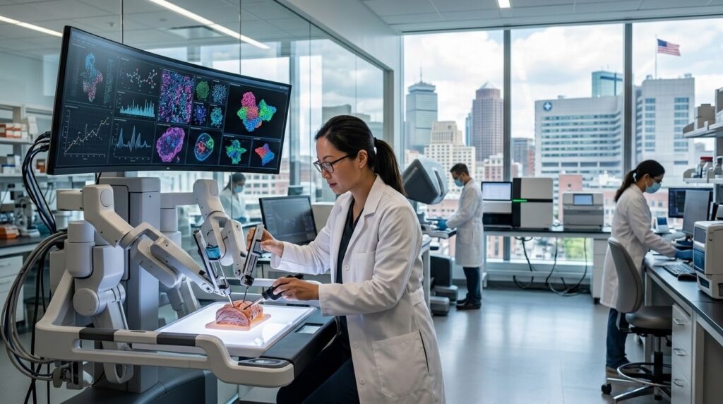 Scientist using advanced medical technology in a laboratory while analyzing healthcare data.
