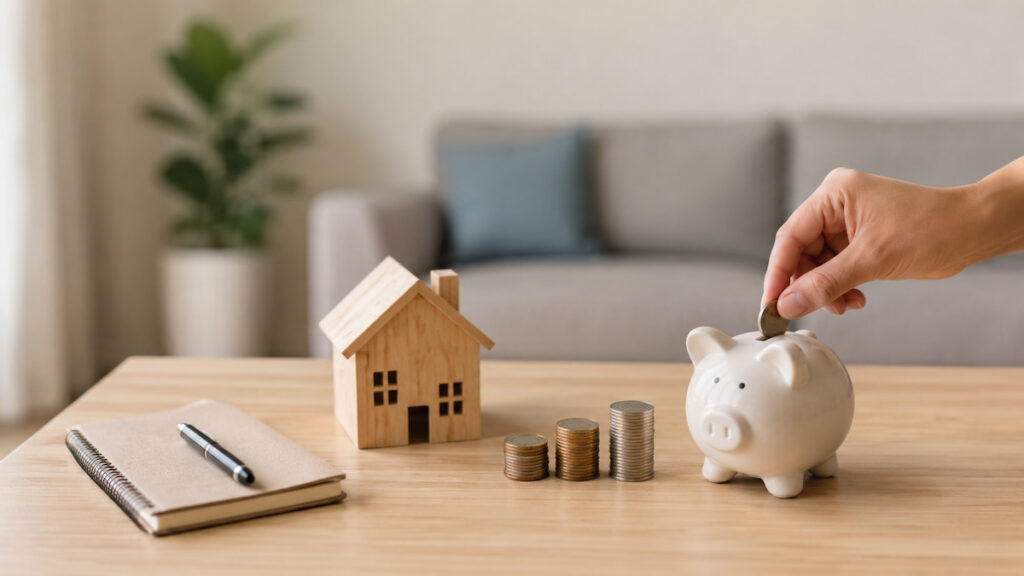 A minimalist financial planning scene featuring a white piggy bank on a wooden table beside neatly stacked coins, a small wooden house model, and a notebook with a pen. A hand is placing a coin into the piggy bank, symbolizing consistent saving habits and long-term financial stability. The softly blurred living room background creates a calm, organized atmosphere with balanced lighting and no text or graphical elements.