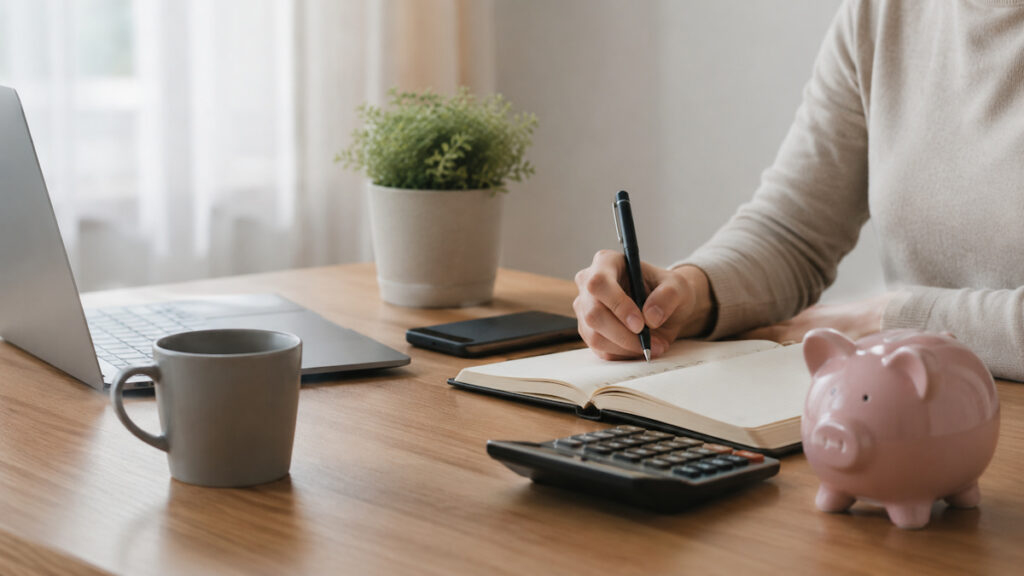 Person writing in a notebook at a tidy wooden desk with a laptop, calculator, smartphone, coffee mug, potted plant, and piggy bank, illuminated by soft natural light in a minimalist workspace, representing thoughtful financial planning and everyday money management.