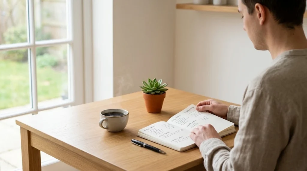 A person sitting at a clean wooden desk in a bright room, thoughtfully writing in an open notebook. On the desk are a cup of hot coffee and a small potted plant. Soft daylight streams in from a window in the background, creating a calm, minimalist, and organized setting focused on intentional habits.