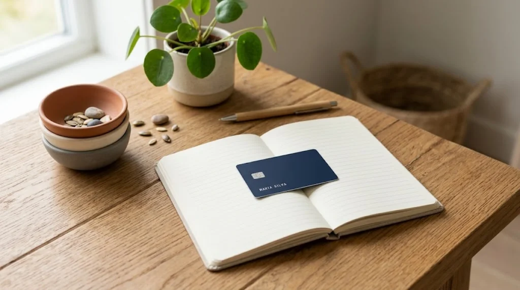 A dark blue credit card printed with the name MARIA SILVA rests on the open lined pages of a light-colored notebook centered on a wooden.
