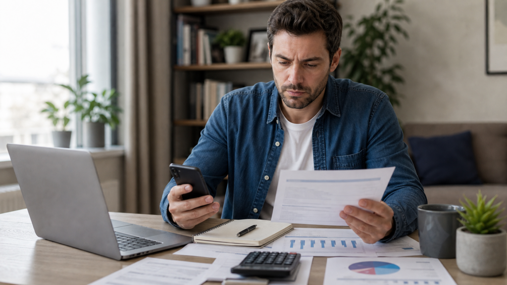 Man comparing refinancing documents and payment calculations at a desk.