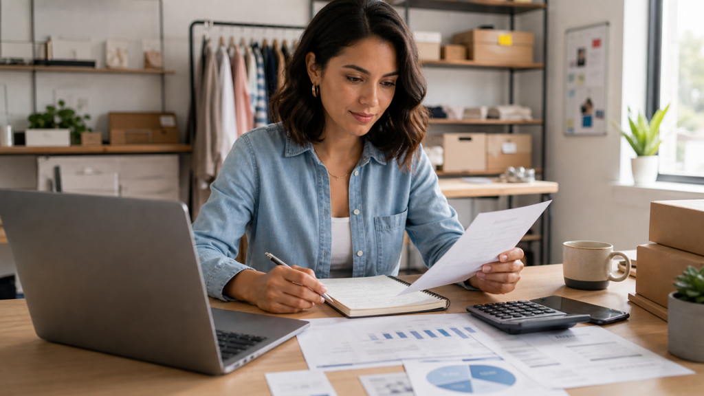 Woman entrepreneur reviewing financing papers in a modest business workspace.
