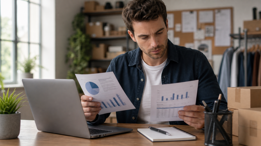Entrepreneur comparing financing documents in a small business workspace.